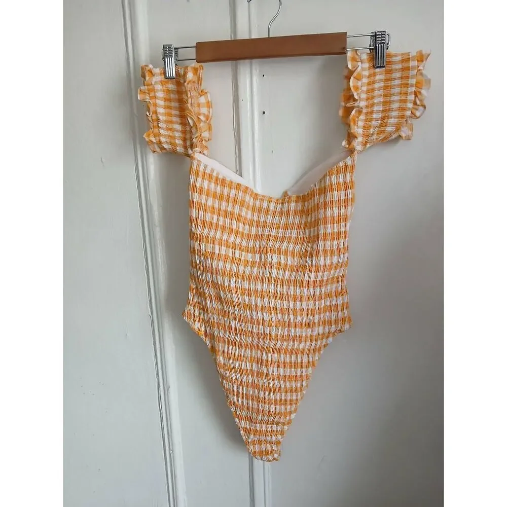 Sabo skirt womens medium yellow gingham plaid Square Neck bodysuit Ruched